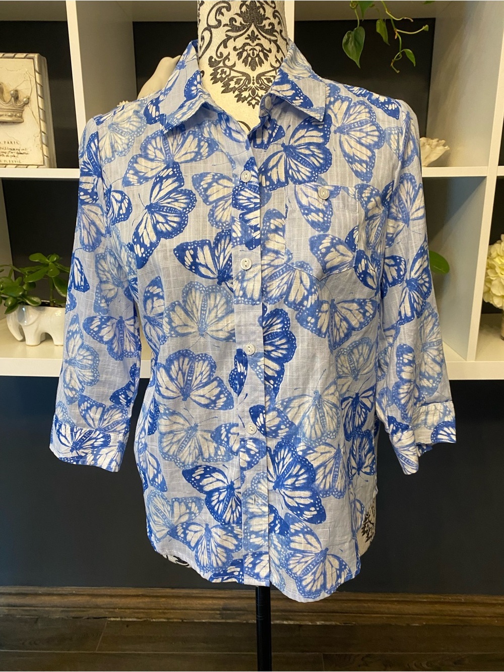Karen Scott White Button-Down Shirt with Blue Butterfly Print